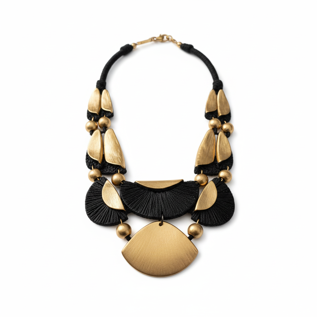 Unyielding Necklace featuring bold sculptural gold and black design with geometric accents, symbolizing strength and refined style. ZoharasVogue