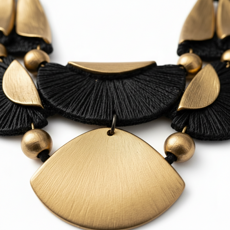 Unyielding Necklace featuring bold sculptural gold and black design with geometric accents, symbolizing strength and refined style. ZoharasVogue