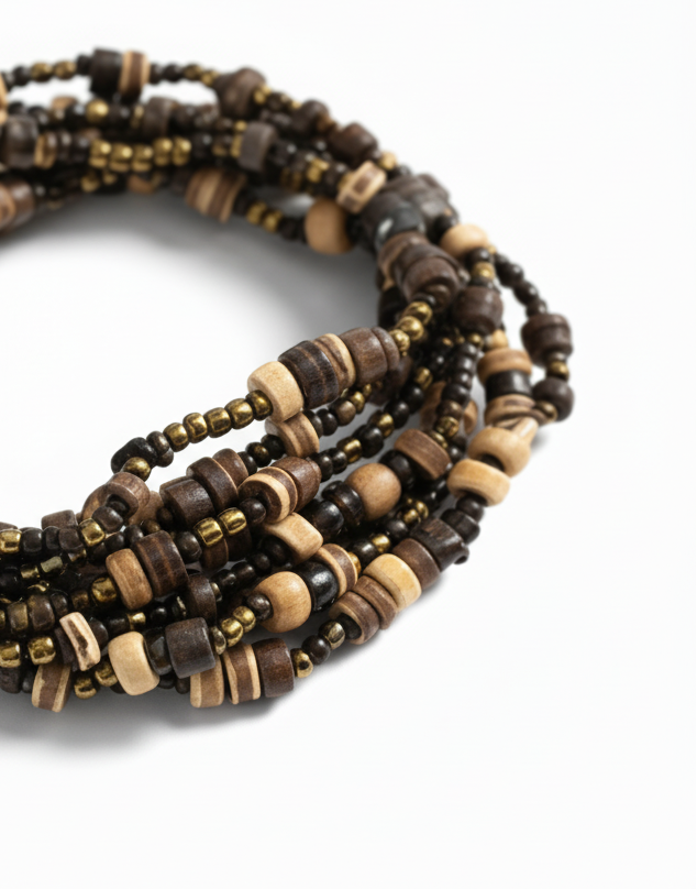 Unwoven Bracelet featuring layered organic beads and natural textures with an easy stretch fit, offering tropical-inspired elegance. ZoharasVogue
