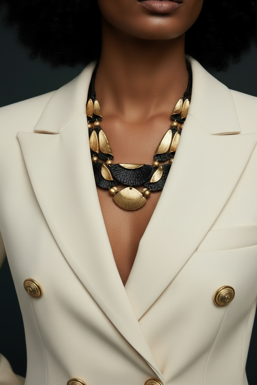 Unyielding Necklace featuring bold sculptural gold and black design with geometric accents, symbolizing strength and refined style. ZoharasVogue