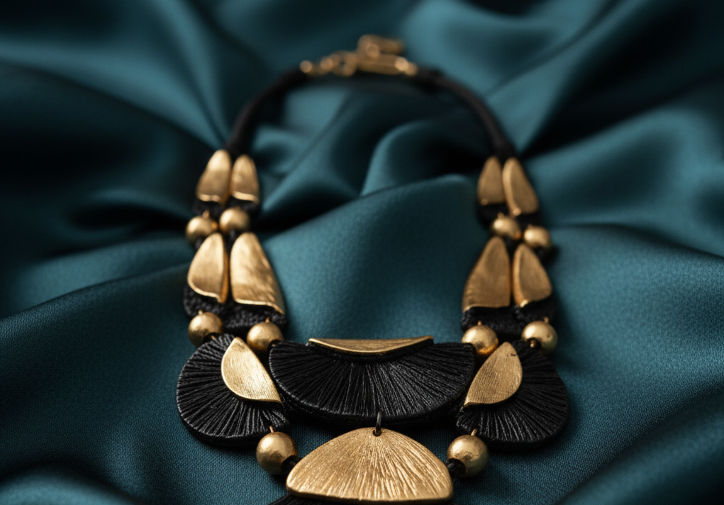 Unyielding Necklace featuring bold sculptural gold and black design with geometric accents, symbolizing strength and refined style. ZoharasVogue