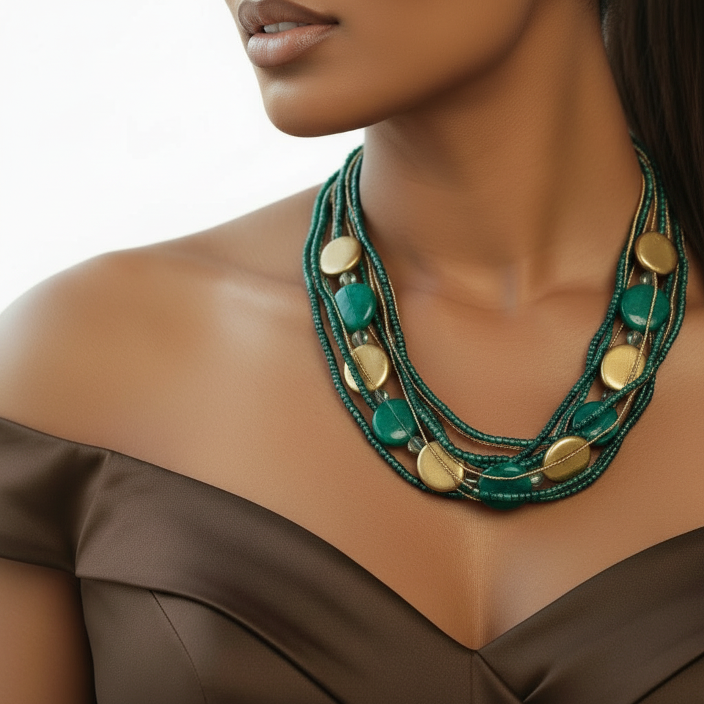Model wearing a green and gold necklace on a white background