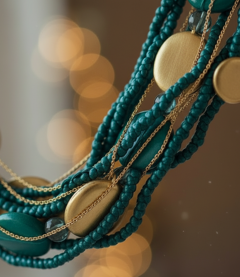 Handcrafted necklace made of coconut shell and Gmelina wood beads with turquoise and gold accents.