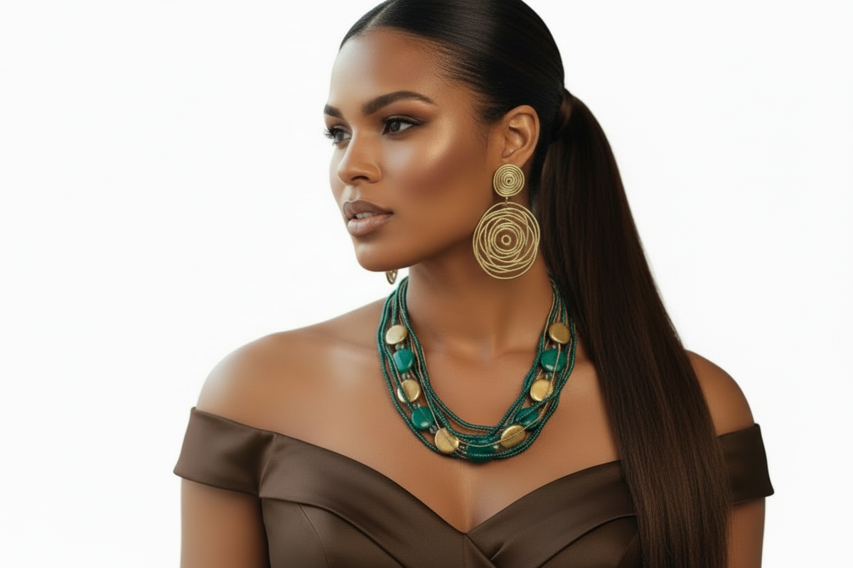 model wearing gold and green necklace against a white background