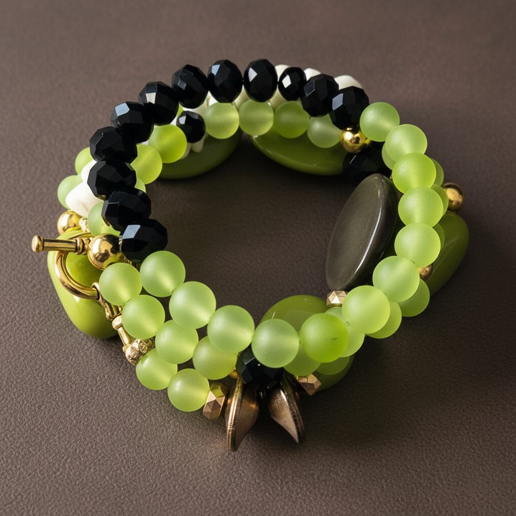 The Vogue Verdict Multi-Stand Bracelet beaded bracelet with green and black beads on a white background_ZoharasVogue