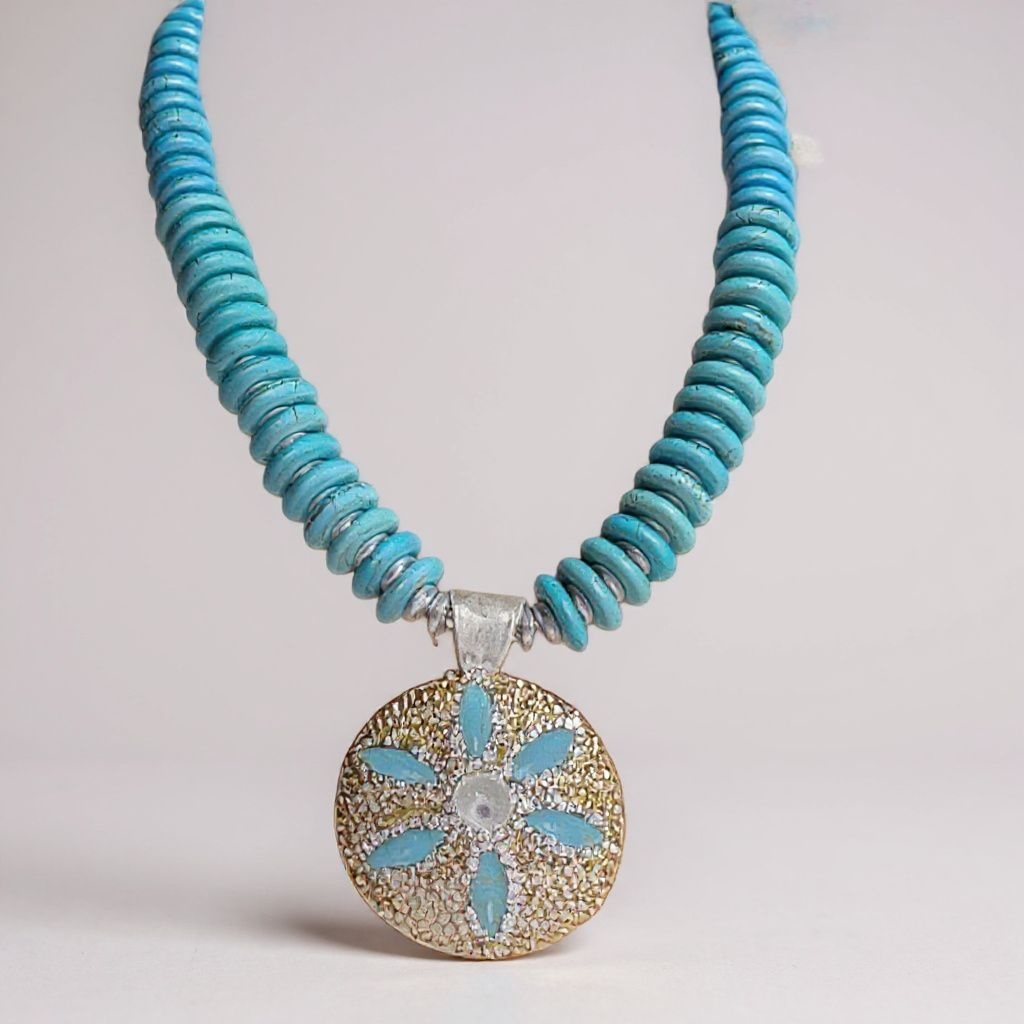 Turquoise seashell necklace with sand dollar pendant, boho coastal jewelry, adjustable 18-inch chain, perfect gift. ZoharasVogue