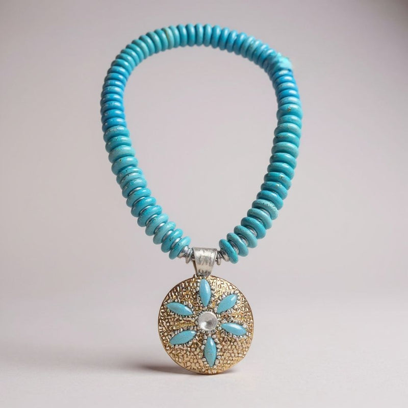 Turquoise seashell necklace with sand dollar pendant, boho coastal jewelry, adjustable 18-inch chain, perfect gift.