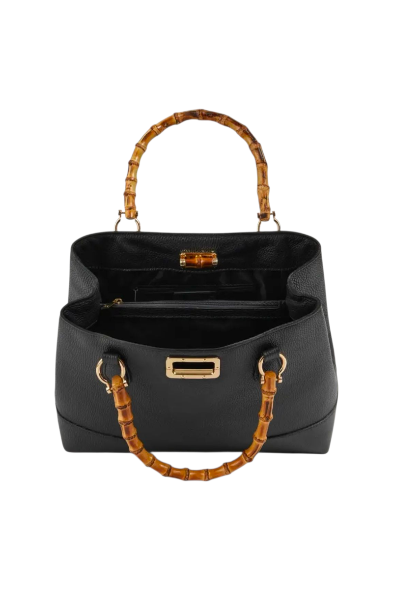 Valencia Rue Bag – handcrafted Italian calfskin leather handbag with bamboo handles, light gold hardware, and bamboo clasp closure, featuring dual compartments and an adjustable shoulder strap for refined everyday elegance. ZoharasVogue