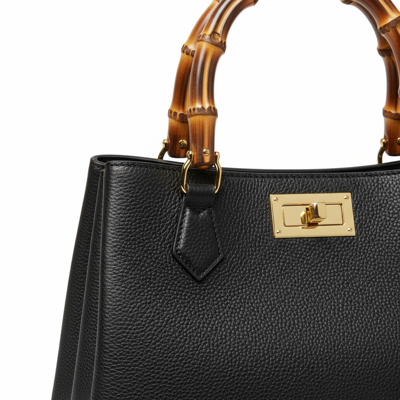 Valencia Rue Bag – handcrafted Italian calfskin leather handbag with bamboo handles, light gold hardware, and bamboo clasp closure, featuring dual compartments and an adjustable shoulder strap for refined everyday elegance. ZoharasVogue