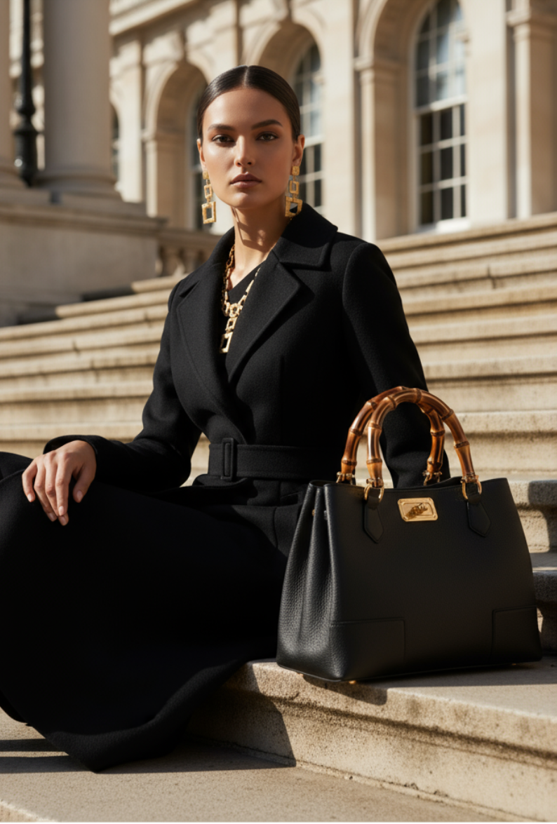 Valencia Rue Bag – handcrafted Italian calfskin leather handbag with bamboo handles, light gold hardware, and bamboo clasp closure, featuring dual compartments and an adjustable shoulder strap for refined everyday elegance. ZoharasVogue