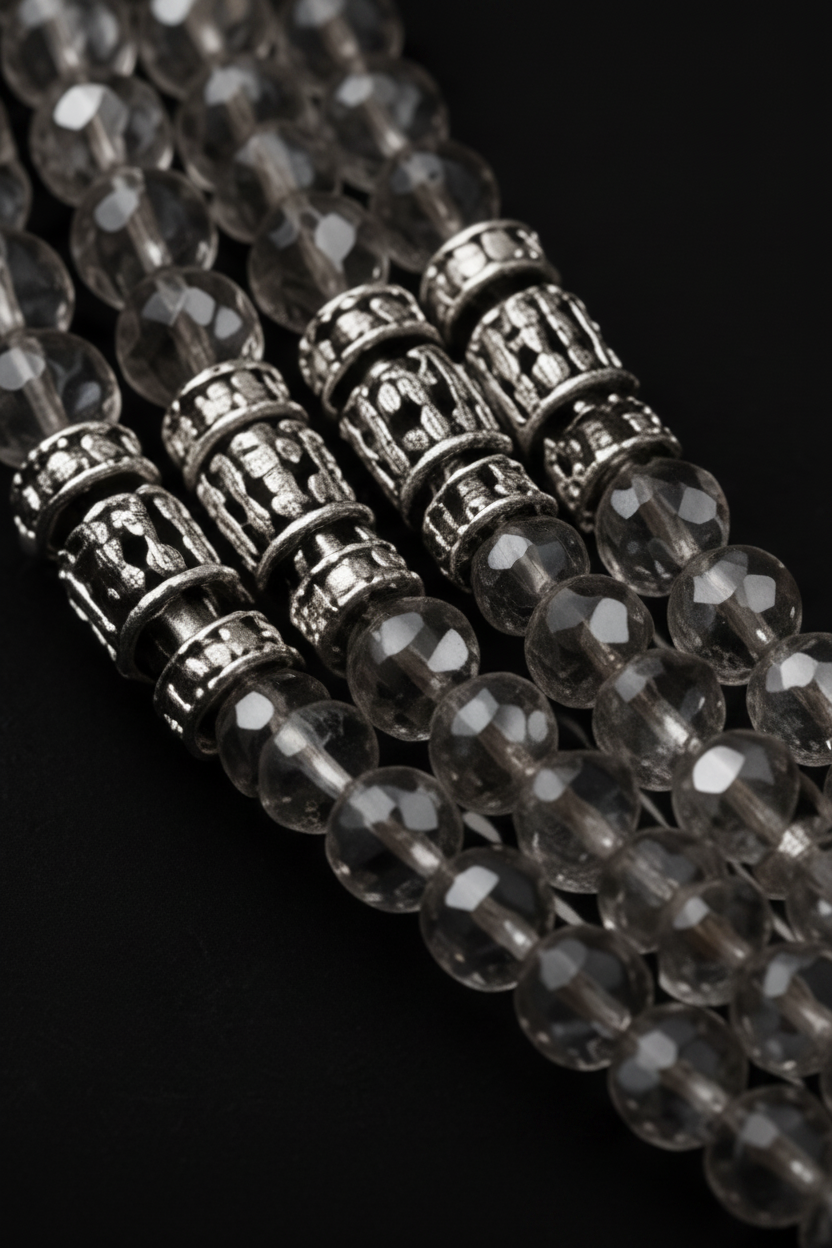 Close-up of the multi-strand smoky gray crystal beads with decorative silver spacers and handcrafted detailing. Zoharas Vogue