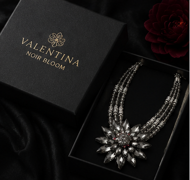 Valentina Noir Bloom necklace displayed in Zoharas Vogue signature luxury gift packaging. Zoharas Vogue