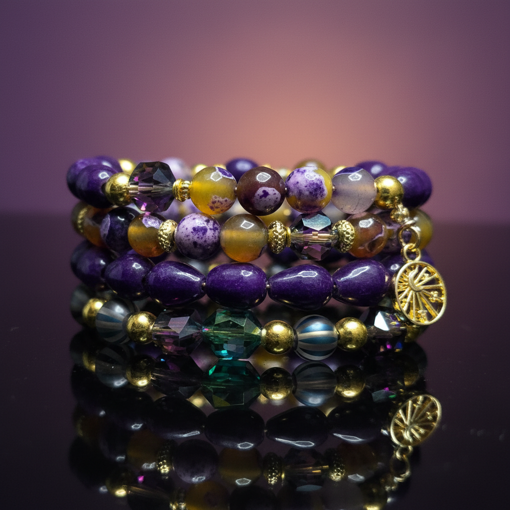 Zafira Radiant layered bracelet by ZoharasVogue featuring purple Sugilite Agate, purple-yellow Fire Agate, iridescent crystal beads, gold accents, and a sunburst charm.
