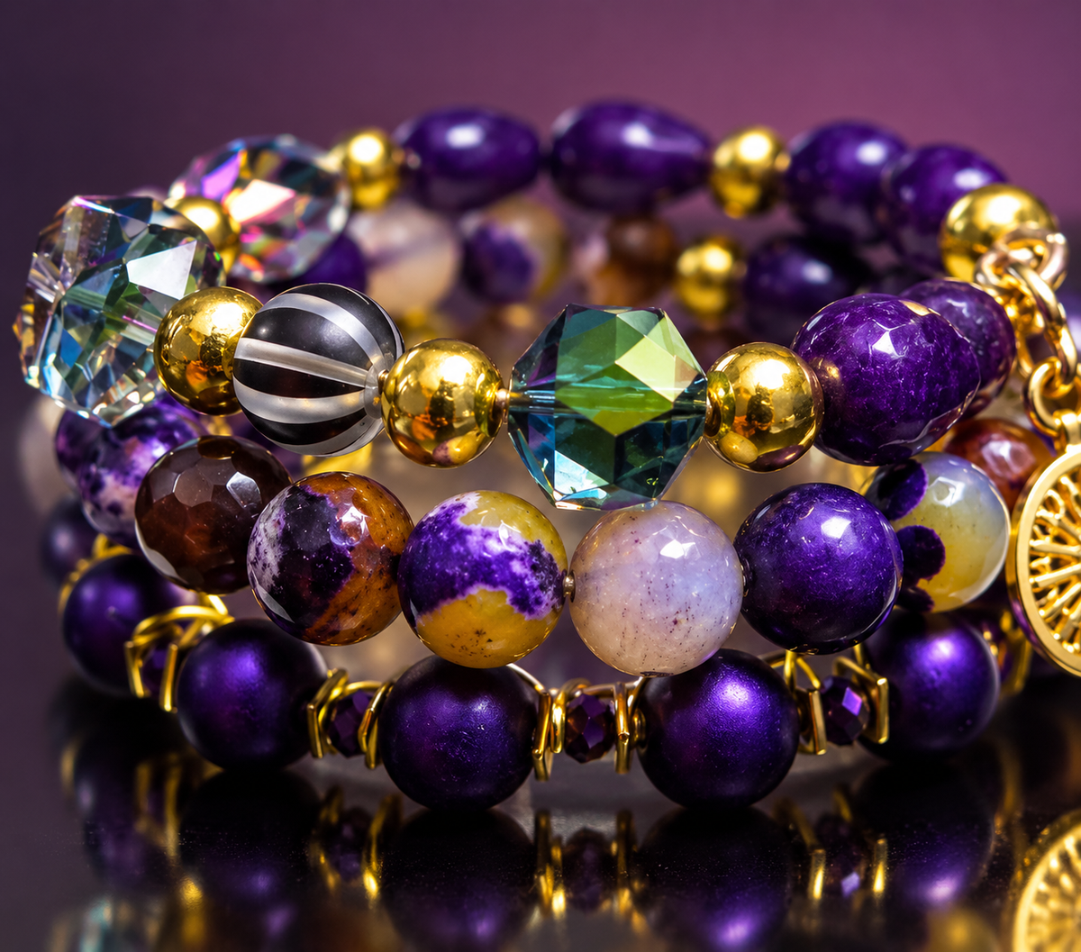 Zafira Radiant layered bracelet by ZoharasVogue featuring purple Sugilite Agate, purple-yellow Fire Agate, iridescent crystal beads, gold accents, and a sunburst charm.
