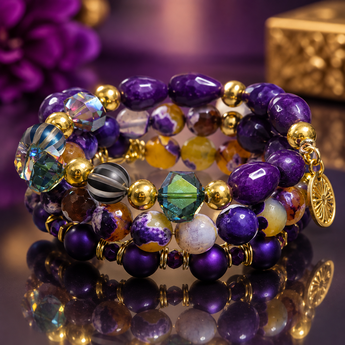 Zafira Radiant layered bracelet by ZoharasVogue featuring purple Sugilite Agate, purple-yellow Fire Agate, iridescent crystal beads, gold accents, and a sunburst charm.