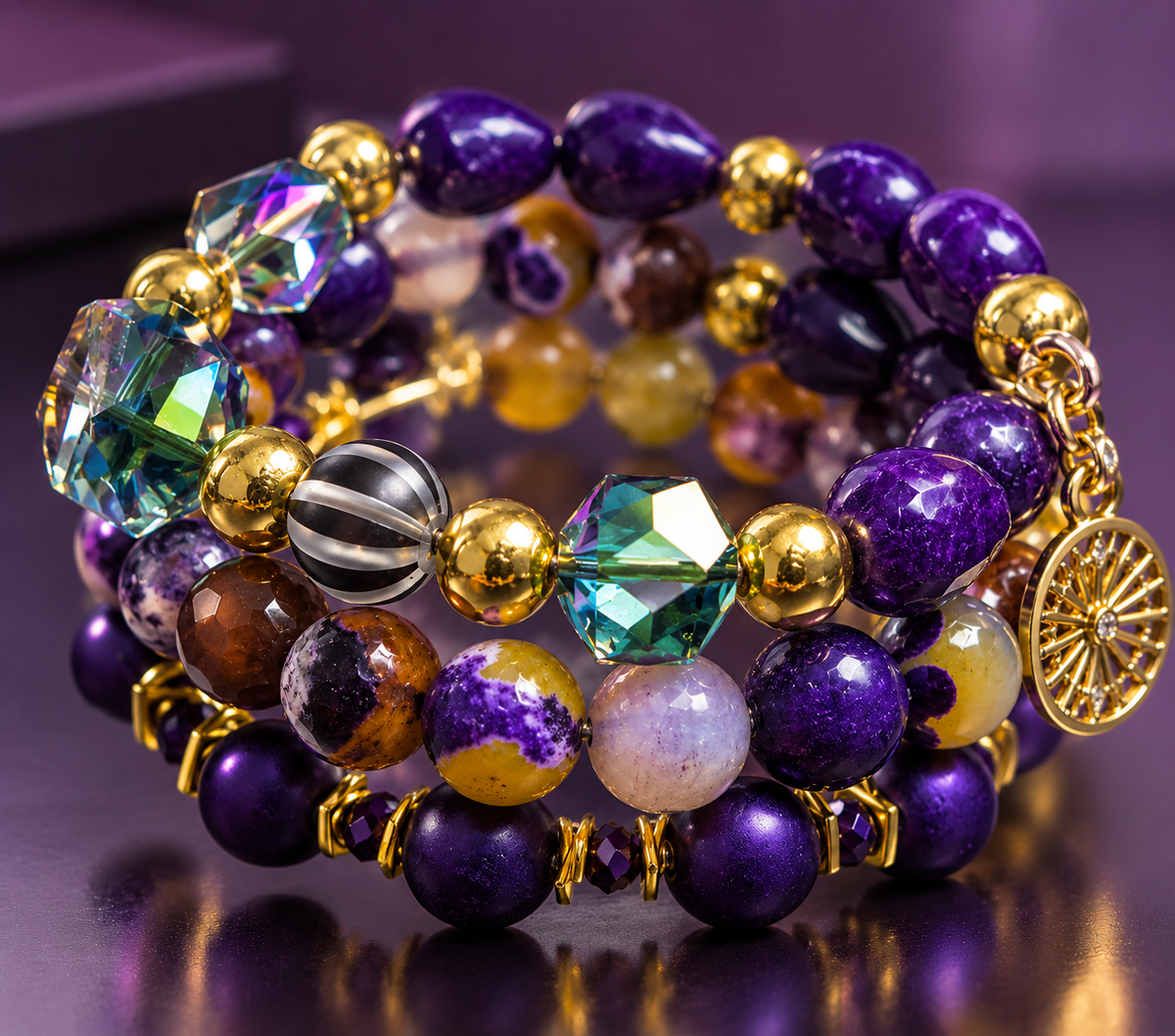 Zafira Radiant layered bracelet by ZoharasVogue featuring purple Sugilite Agate, purple-yellow Fire Agate, iridescent crystal beads, gold accents, and a sunburst charm.