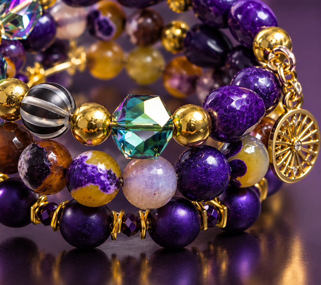 Zafira Radiant layered bracelet by ZoharasVogue featuring purple Sugilite Agate, purple-yellow Fire Agate, iridescent crystal beads, gold accents, and a sunburst charm.