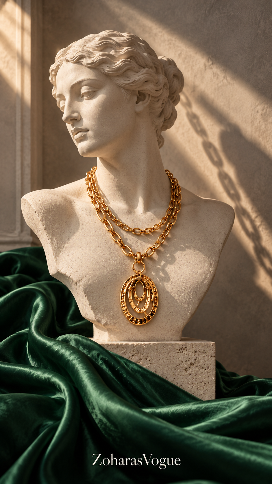 Double chain 18k gold plated necklace with three Gold nested textured oval pendants, worn over a hunter green silk dress.