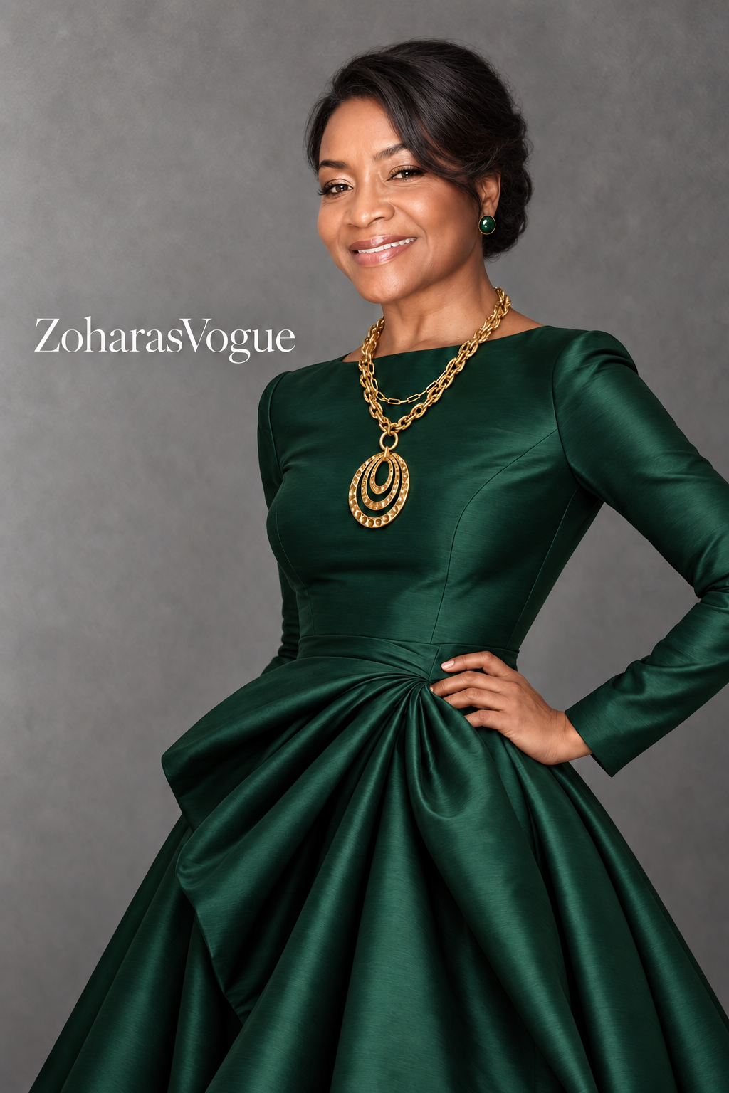 A model wearing a dark emerald green satin long-sleeve gown with a gathered skirt, styled with a chunky gold chain necklace and matching gold earrings, set against a textured gray studio background. The text 'ZoharasVogue' is visible on the left.