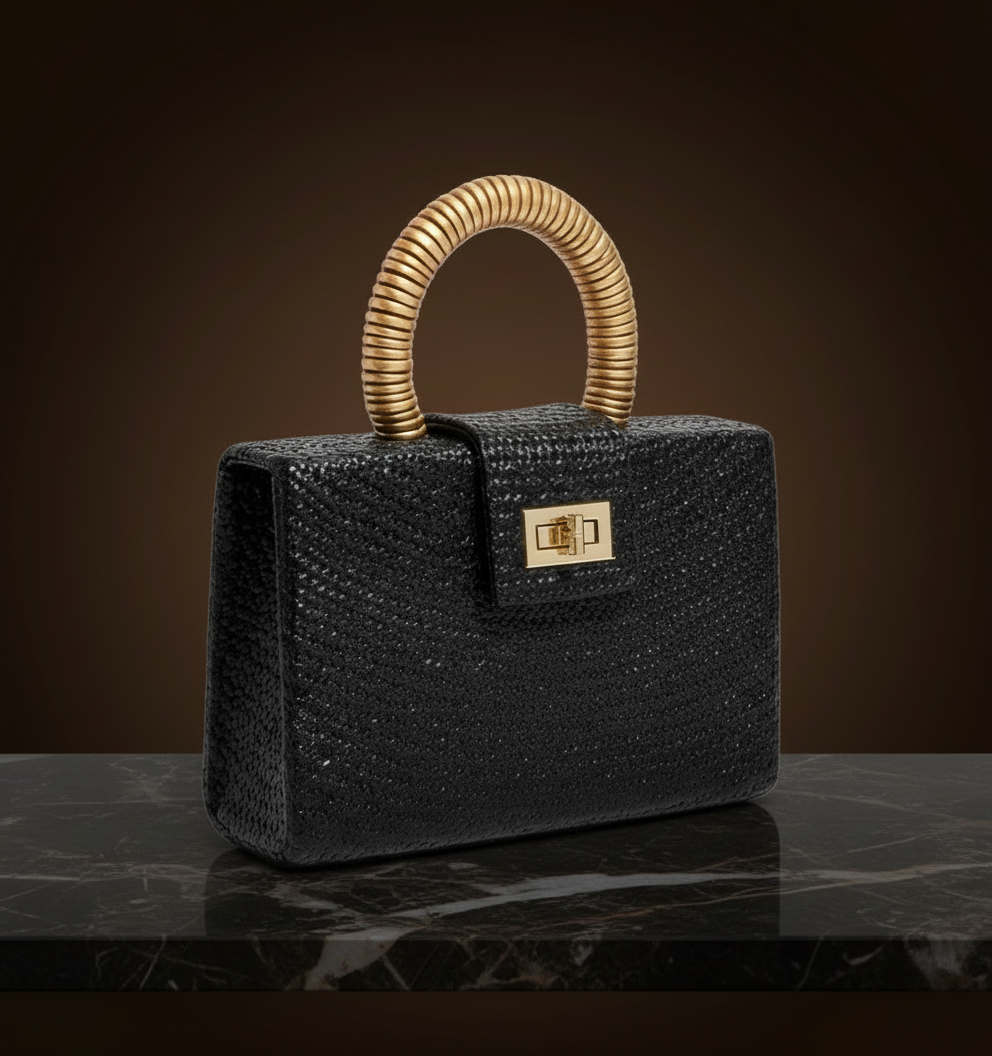 Black textured handbag with gold handle and clasp on a dark background ZoharasVogue 