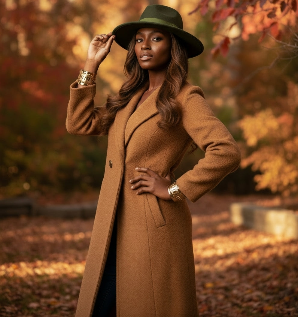 Model in a long brown coat and green hat standing in an autumn setting.