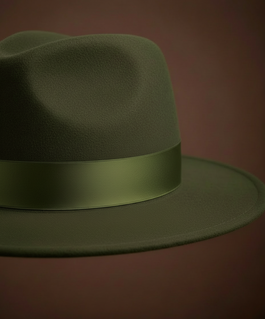 Green fedora hat with a ribbon on a brown background ZoharasVogue 