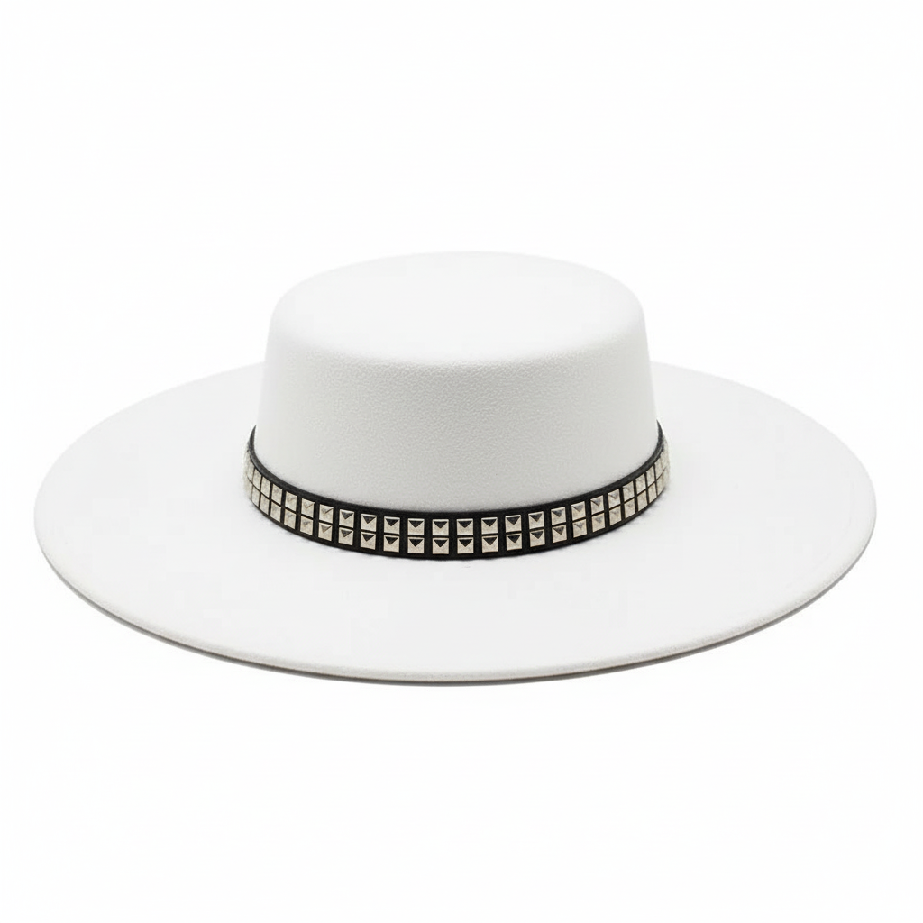 White fedora hat with a decorative band on a white background_ZoharasVogue 