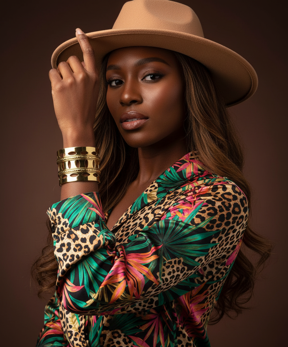 Woman wearing a colorful patterned top and beige hat against a brown background_ZoharasVogue