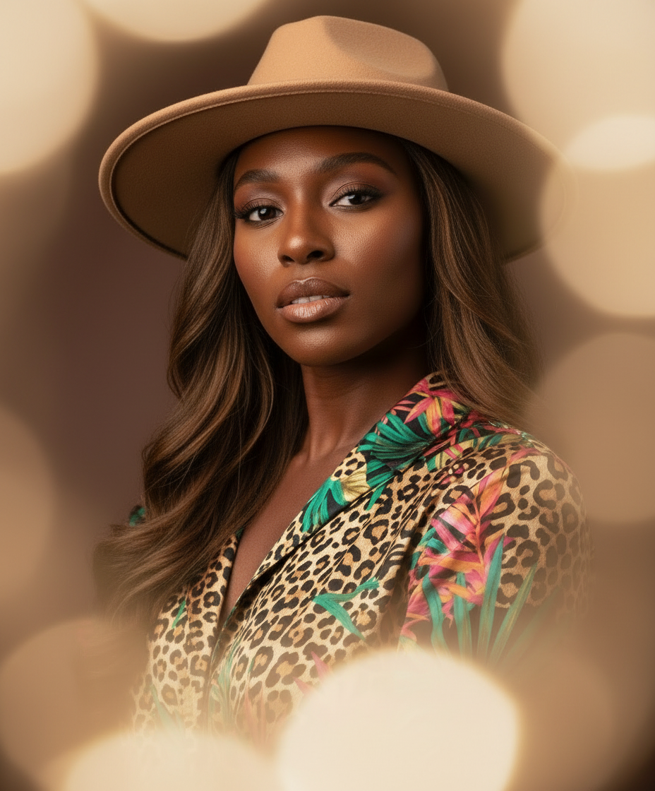 Model wearing a leopard print outfit with a hat against a bokeh background_ZoharasVogue 