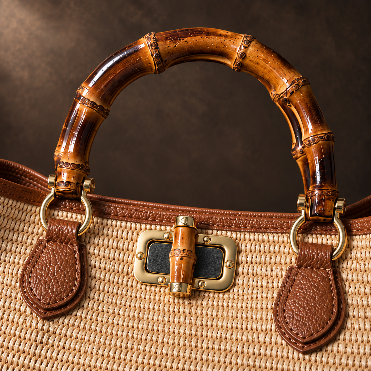 Close-up bamboo handle and gold-tone clasp detail