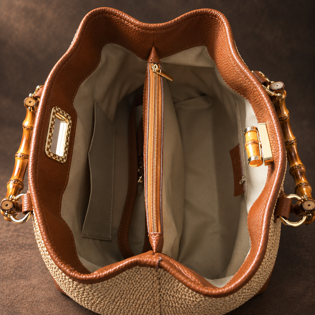 Siena raffia bamboo tote interior with zippered center divider
