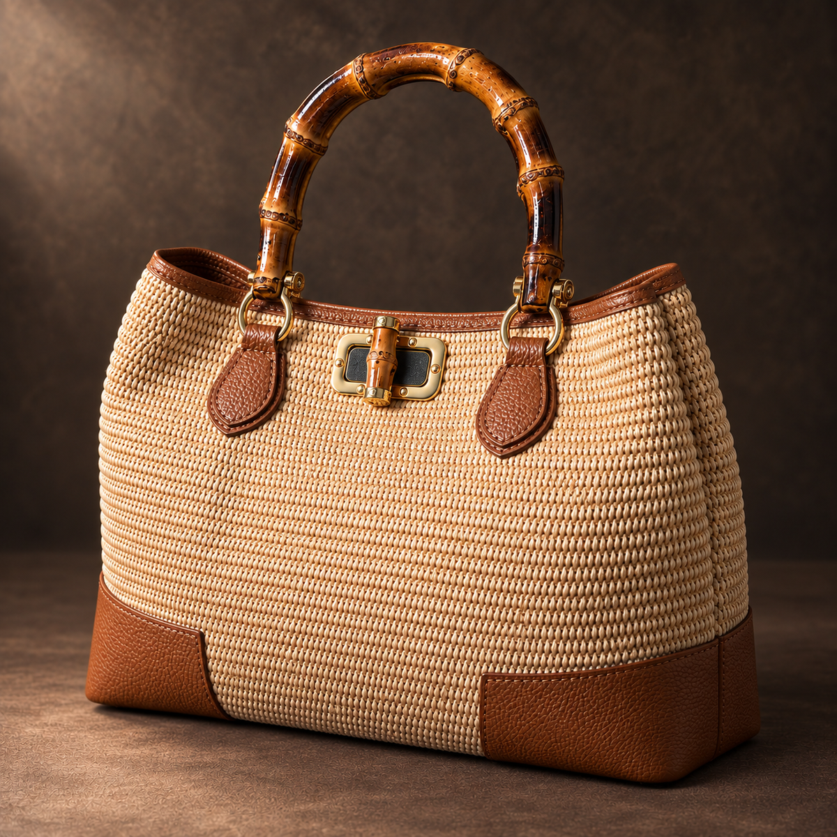 Siena raffia bamboo tote three-quarter angle