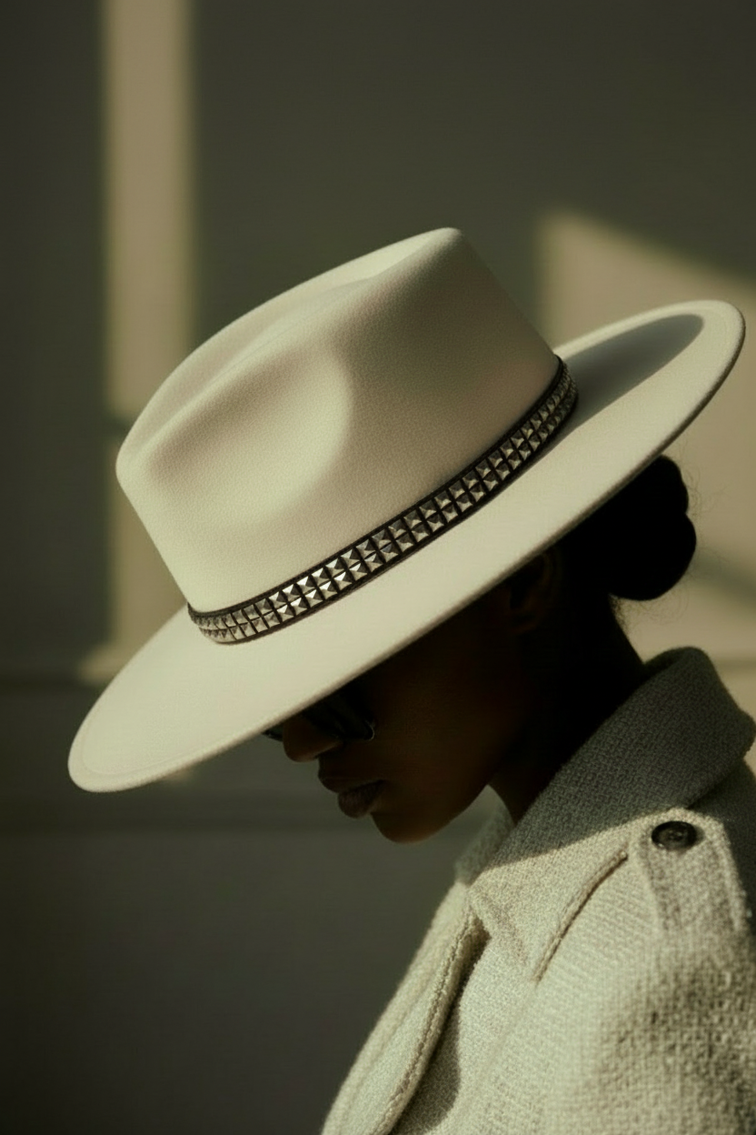 Model wearing a white hat with a decorative band against a blurred background Zoharas Vogue 