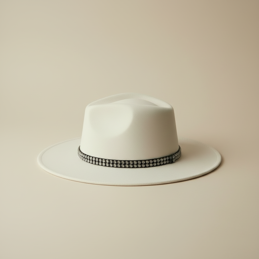 Creme hat with a decorative band on a beige background ZoharasVogue 