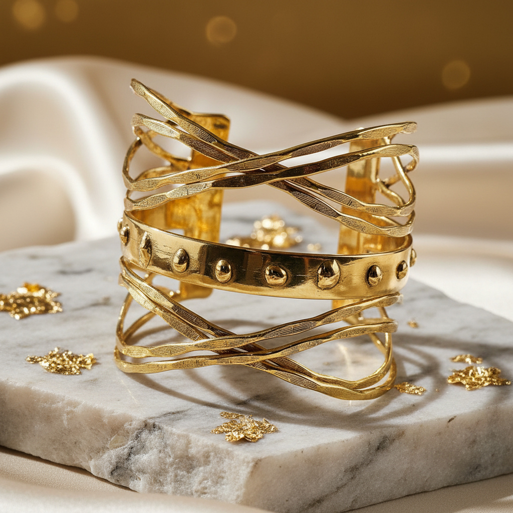 Gold multi-layered handcrafted brass cuff with intersecting sculptural bands and central studded detail. ZoharasVogue 