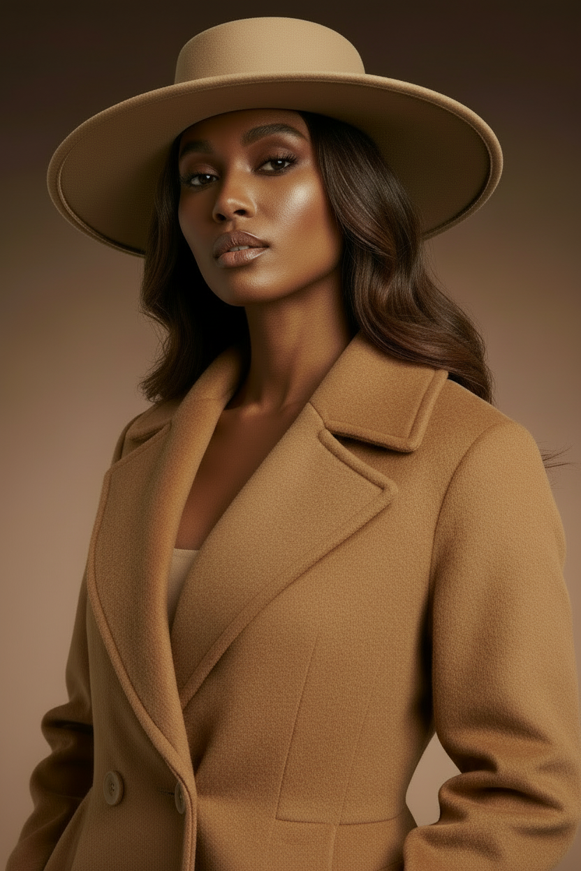 Model wearing a beige hat and tank top against a brown background