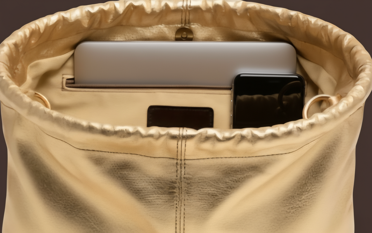 Gold metallic handbag with a zipper on a white background ZoharasVogue