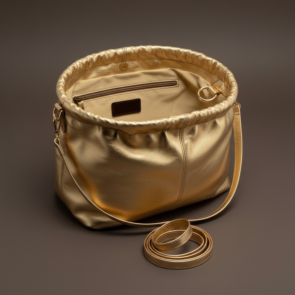 Gold metallic handbag with a strap on a white background ZoharasVogue