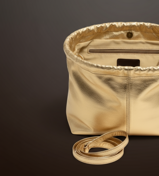 Gold clutch bag with a strap on a white background ZoharasVogue