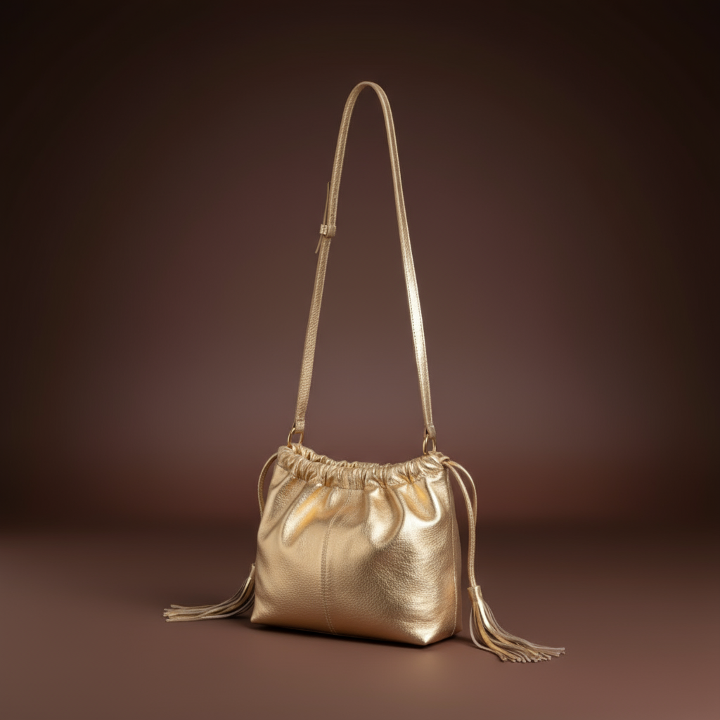 Gold metallic handbag with tassels on a white background ZoharasVogue