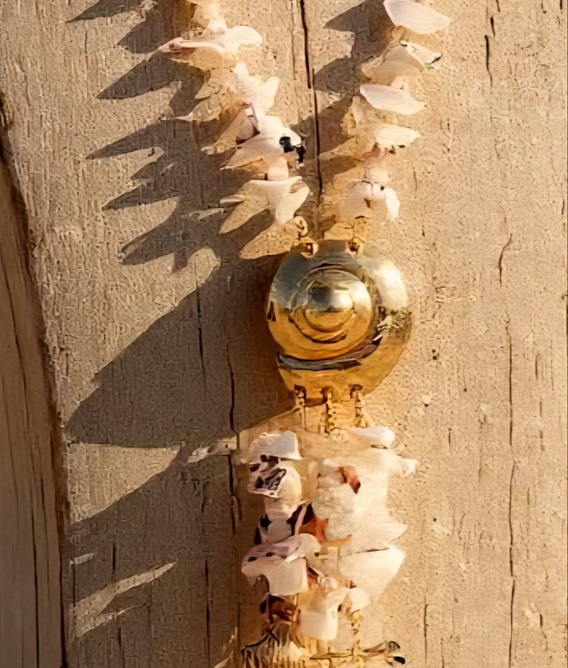 Marina Pearl Necklace Handmade long statement necklace with pearl fringe, mixed seashell charms, gold snail pendant, and mocha leather cord. ZoharasVogue 