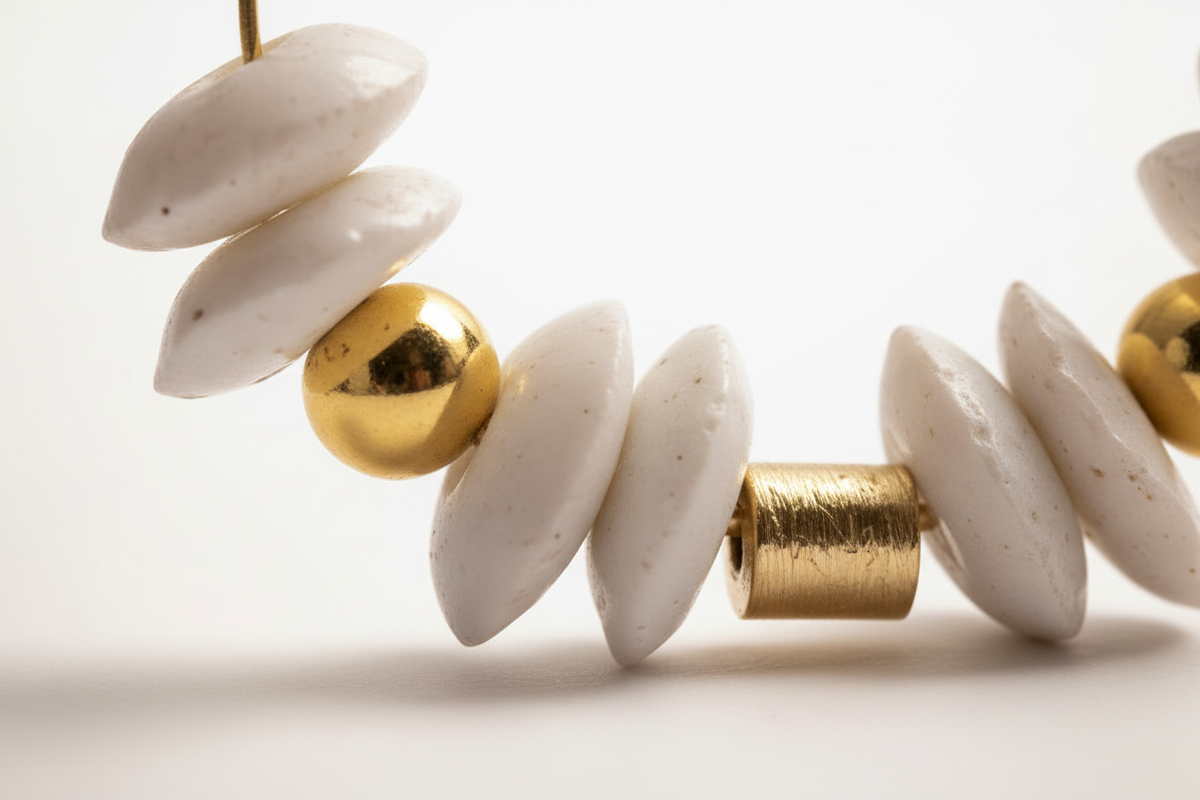 Gold-filled hoop chandelier earrings with white Ashanti recycled glass beads and a gold wood barrel accent.+ZOHARAS VOGUE