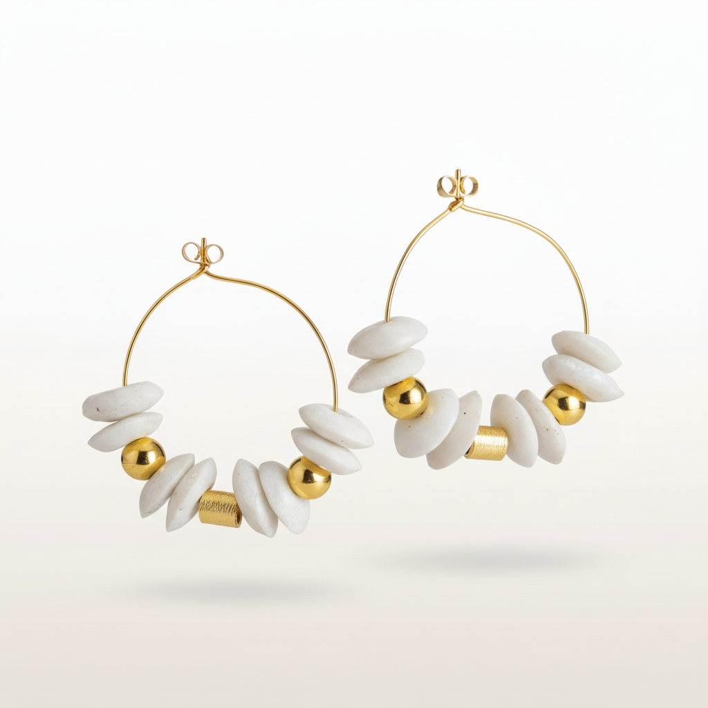 Gold-filled hoop chandelier earrings with white Ashanti recycled glass beads and a gold wood barrel accent.+ZOHARAS VOGUE