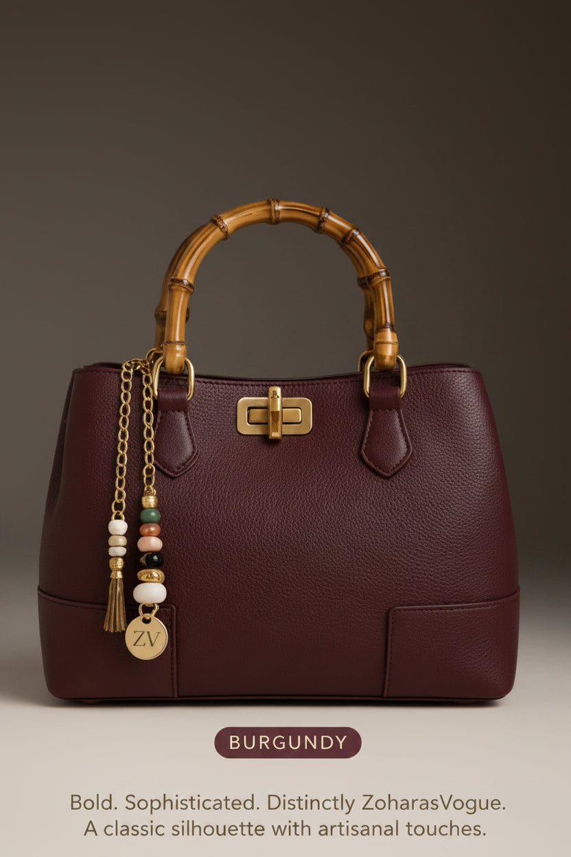 Valencia Rue Bag – handcrafted Italian calfskin leather handbag with bamboo handles, light gold hardware, and bamboo clasp closure, featuring dual compartments and an adjustable shoulder strap for refined everyday elegance.