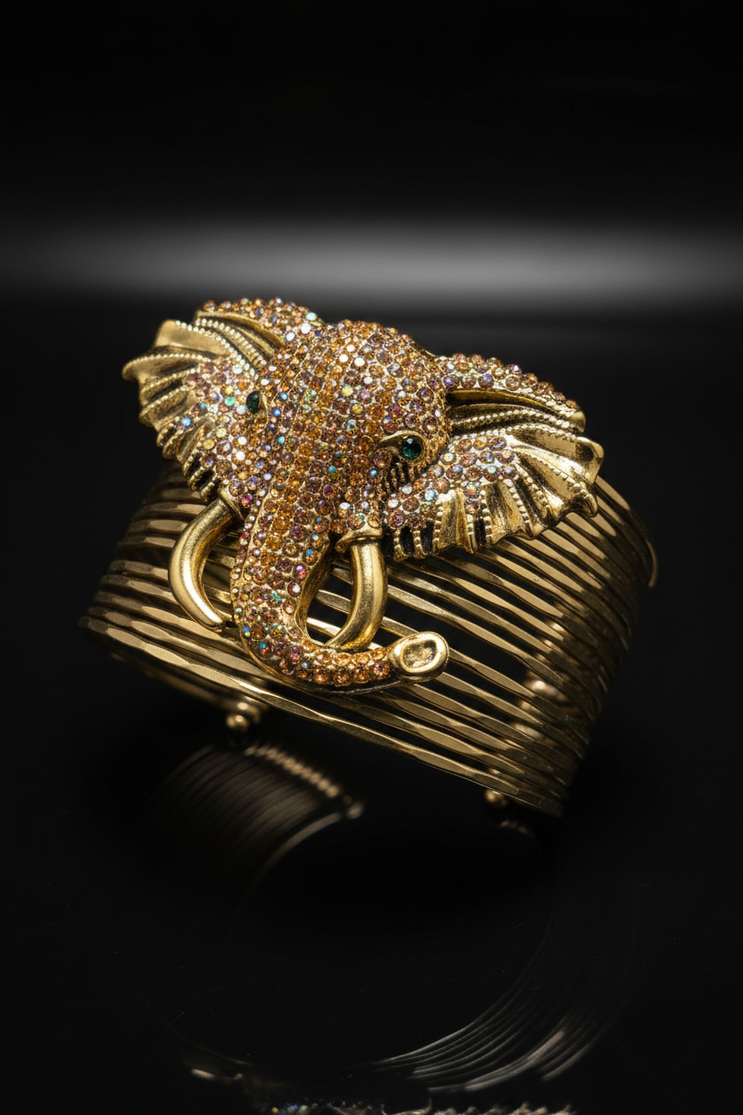 Gold elephant cuff bracelet with multicolor gemstone embellishments_ ZoharasVogue 