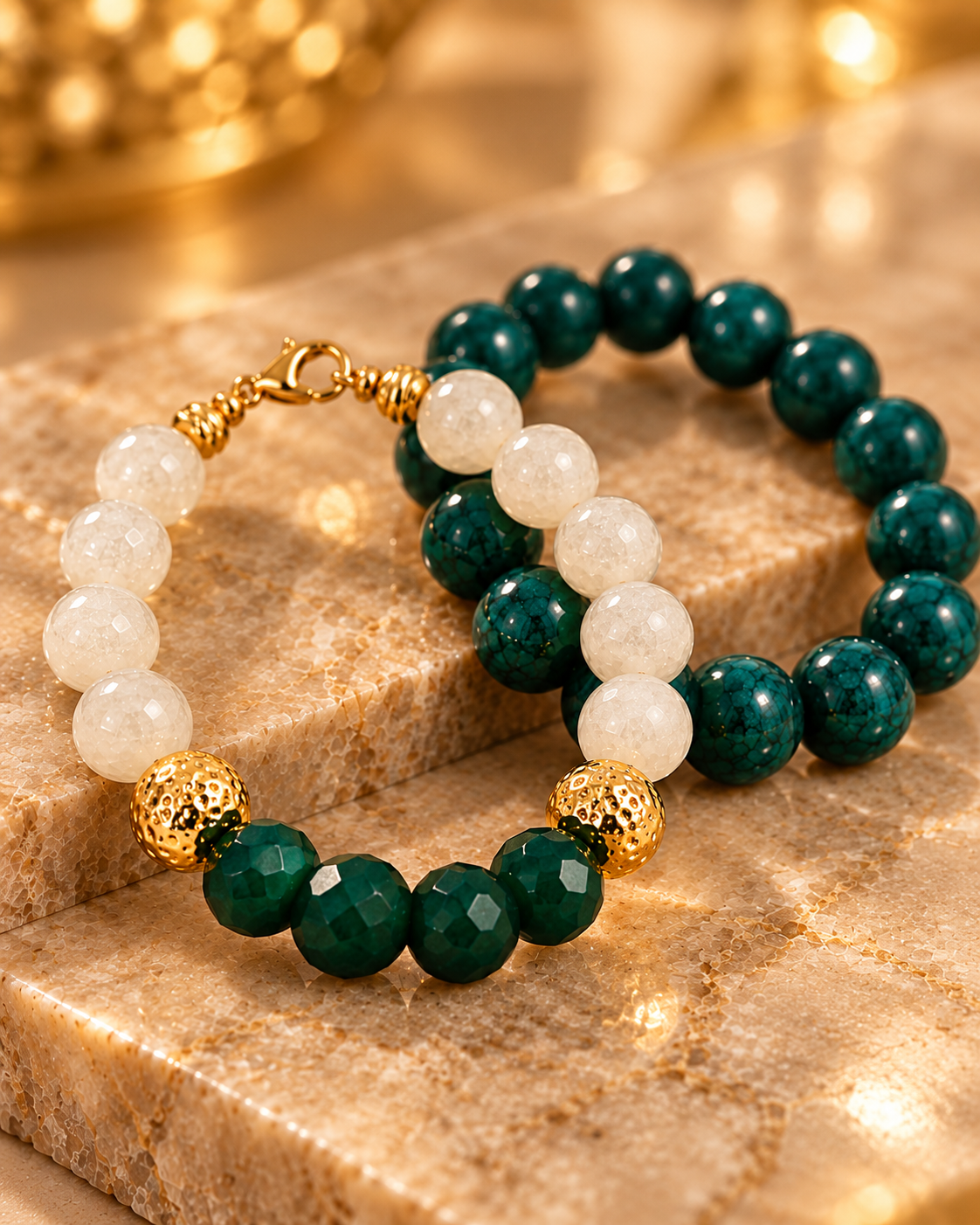 Zafira Verdant Duo Bracelet Set with deep green, ivory and gold-tone beads