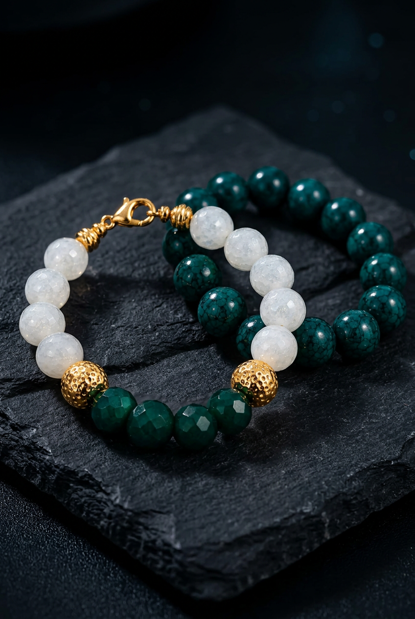 Zafira Verdant Duo bracelet set showing textured green beads and metallic accents