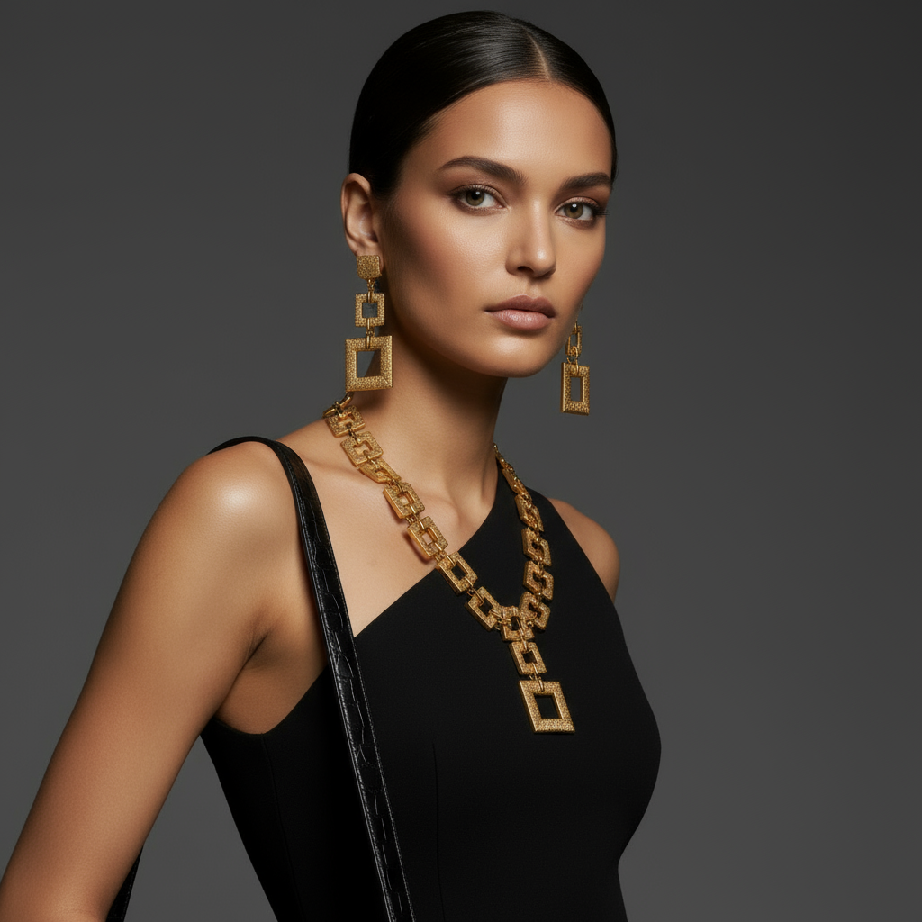 This elegant Ailani Geo Luxe Necklace - 14k features a 14K gold electroplated necklace and matching geometric earrings, crafted with hypoallergenic 316L stainless steel for comfort and durability.