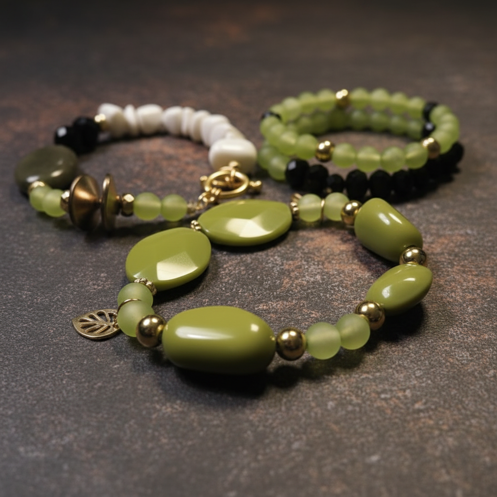 The Vogue Verdict Multi-Stand Bracelet beaded bracelet with green and black beads on a background_ZoharasVogue