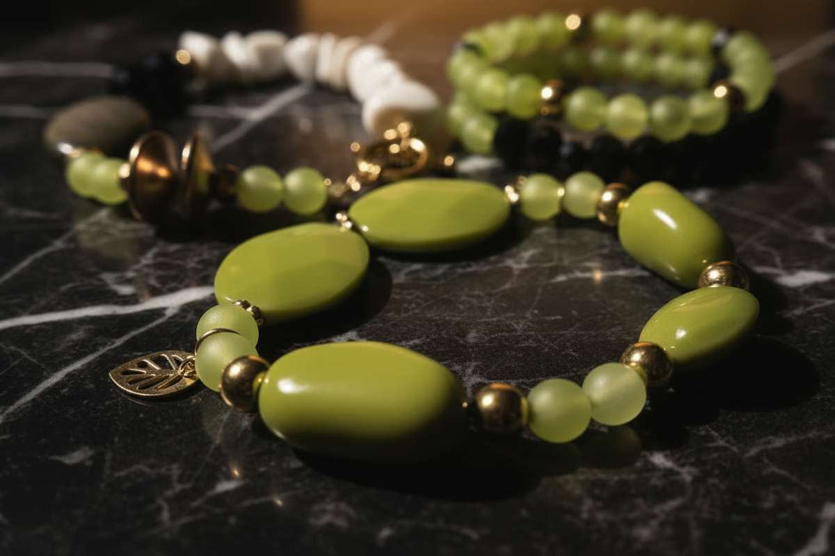The Vogue Verdict Multi-Stand Bracelet beaded bracelet with green and black beads on a background_ZoharasVogue